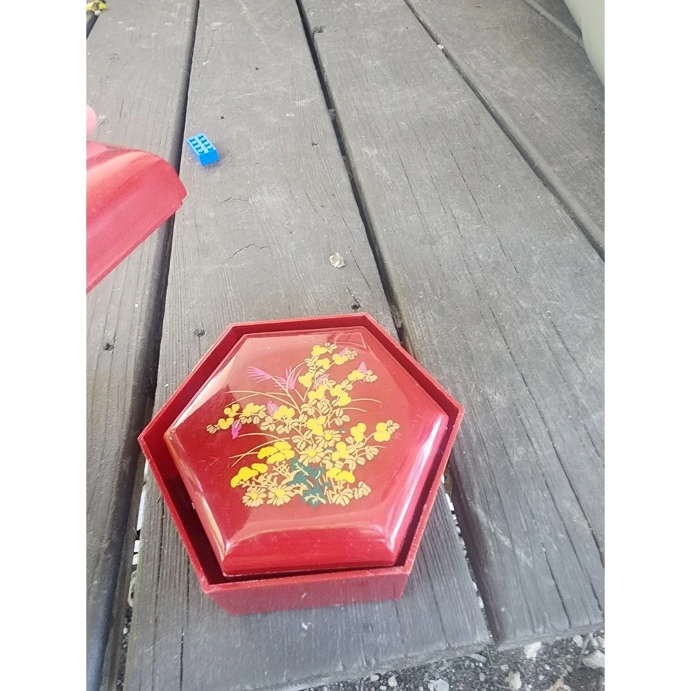 Vintage Floral Red Lucite Hexagonal Lidded Nesting Trinket Boxes Set Of 3